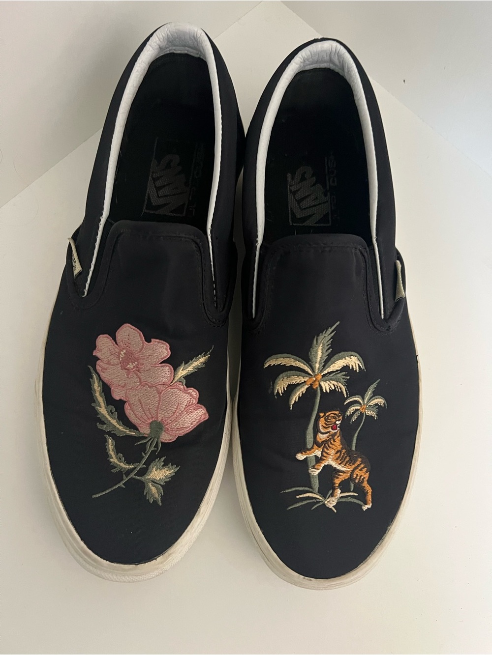 Vans Black Slip-On Sneakers with Pink Floral & Tiger Embroidery